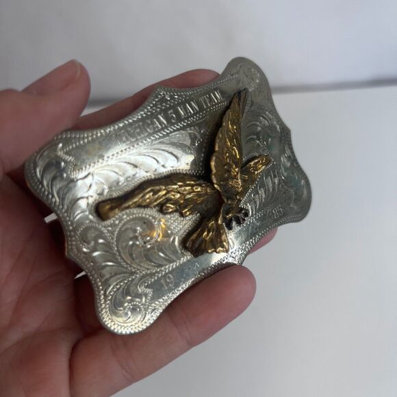 VTG Bald Eagle Belt Award Buckle Silver Slate Sterling-Michigan 5 Man Team 1985- - Picture 2 of 7